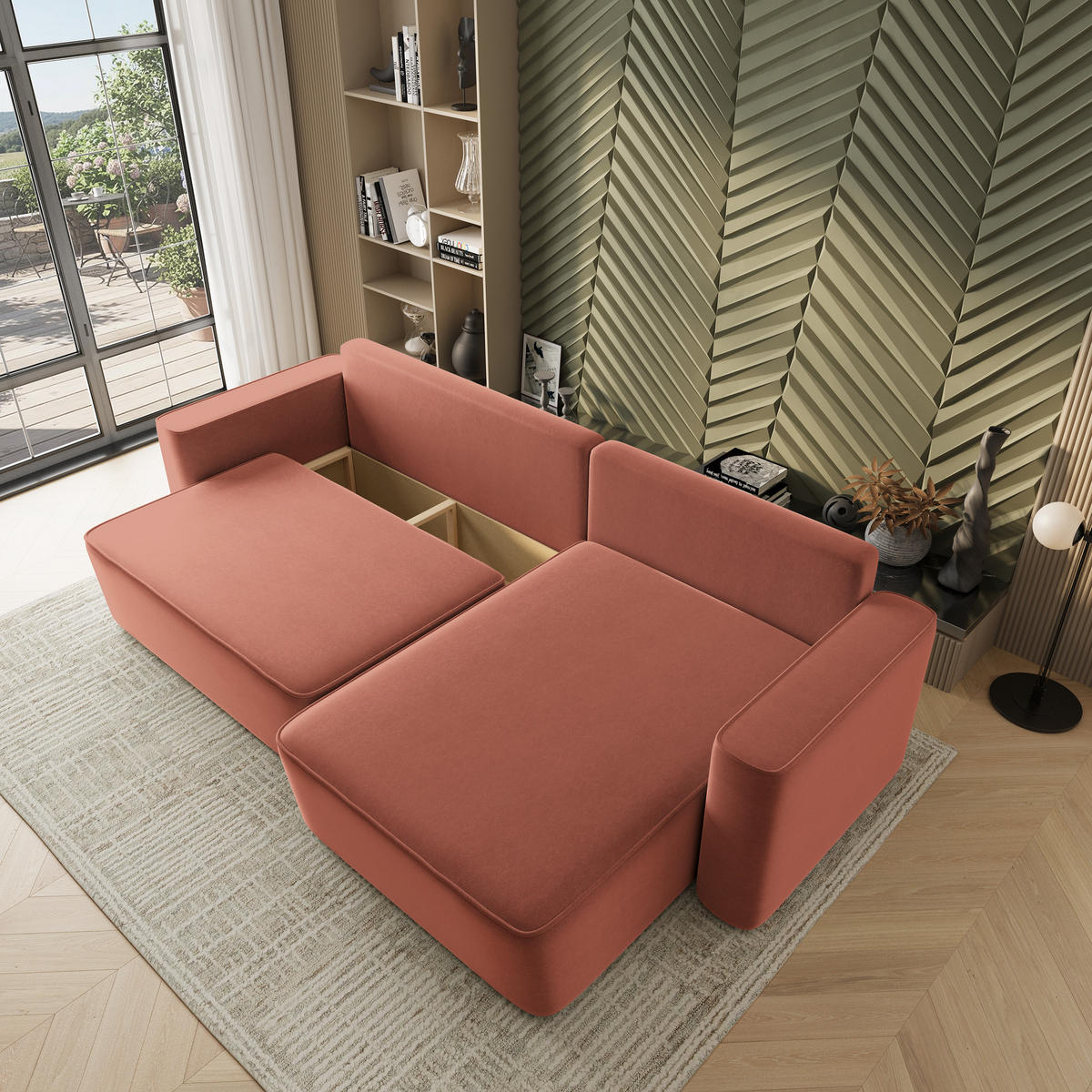 ECKSOFA BELARO CL Koralle Samtstoff mit Schlaffunktion - Koralle, Holzwerkstoff/Textil (280/162cm) - MASSENO