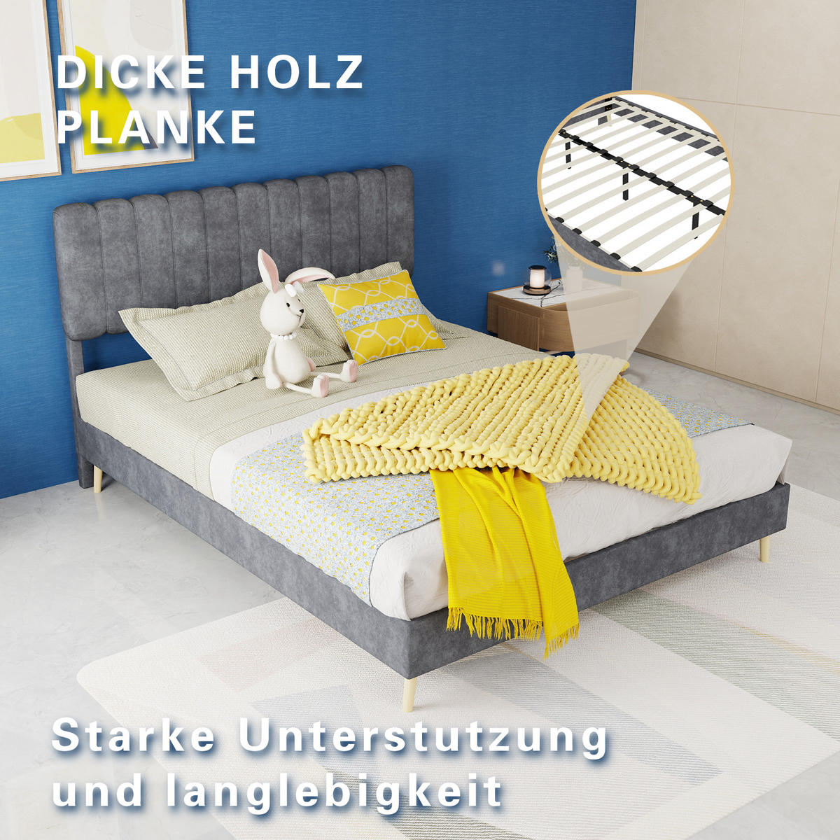 POLSTERBETT 140/200 cm DE-32951 mit hohem Kopfteil und Matratze Grau - Grau, Metall (140/200cm) - ComfortXL