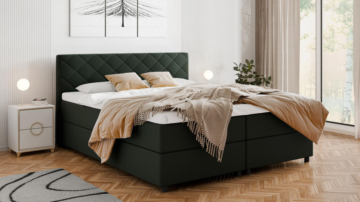 BOXBETT Diamaro 180x200 cm mit Bettkasten und Topper - Dunkelgrün - Grün, Holz (180/200cm) - Panda Möbel