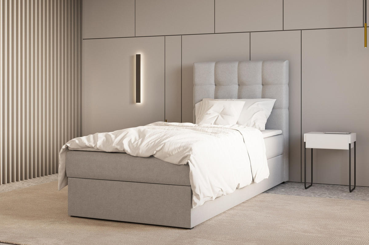 BETT - Boxspringbett 90x200 - 05 Hugo 91 - Hellgrau - Hellgrau, Holz (90/200cm) - Möblo