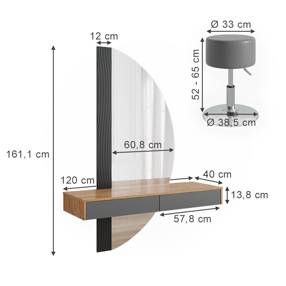 SCHMINKTISCH Melisa Grau 120 cm mit Beleuchtung und Hocker - Eichefarben/Grau, Holzwerkstoff (120/161.1/40cm) - Vicco
