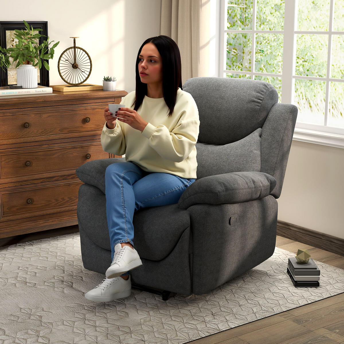 RELAXSESSEL 150° neigbar Einzelsofa Liege Fernsehsessel Leinen Dunkelgrau - Dunkelgrau/Schwarz, Textil/Metall (88/102/93cm) - HOMCOM