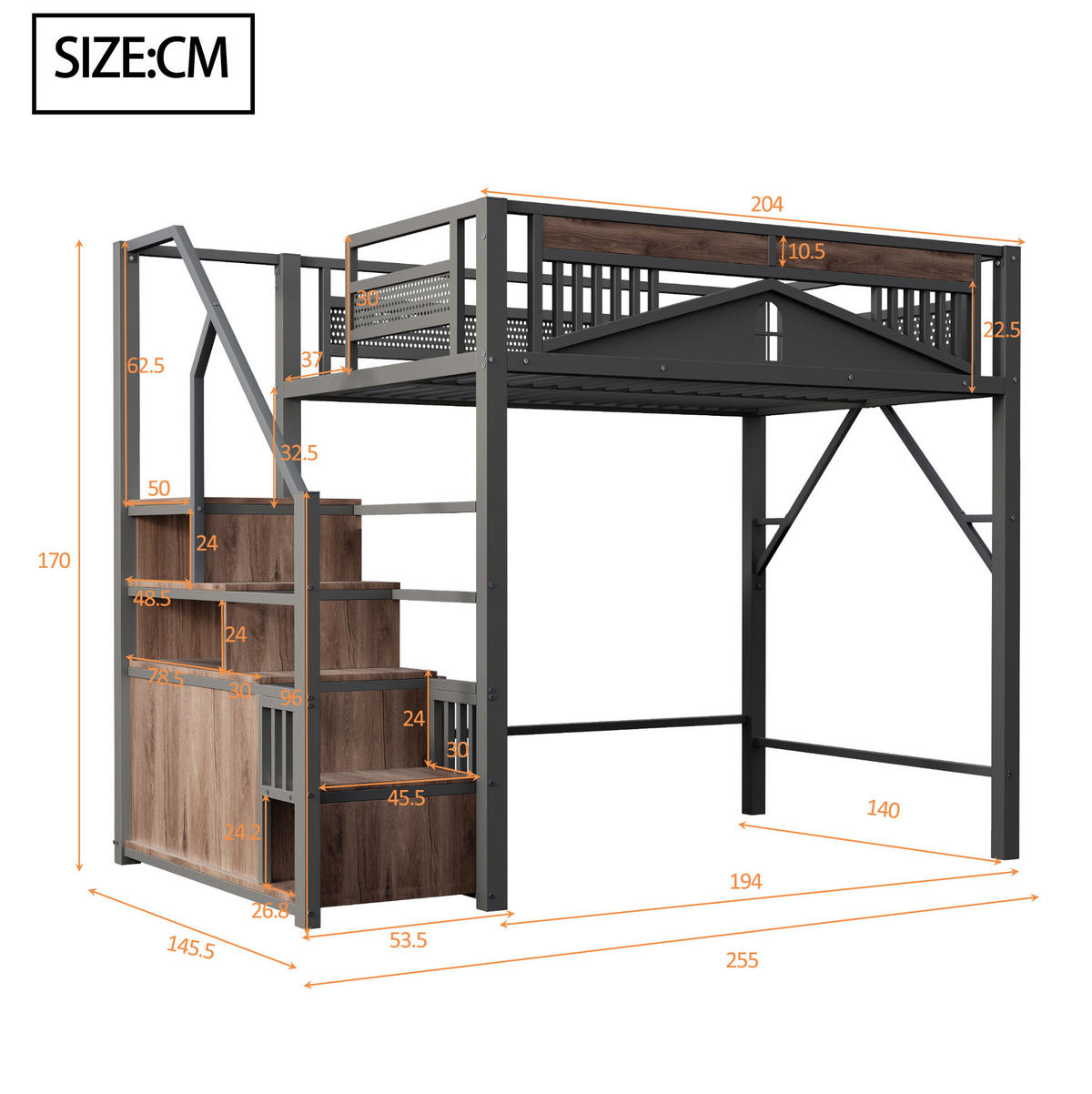 HOCHBETT 140/200 cm Schwarz aus Metall und Holz mit Stauraum - Schwarz, Metall (140/200cm) - OKMYHOME