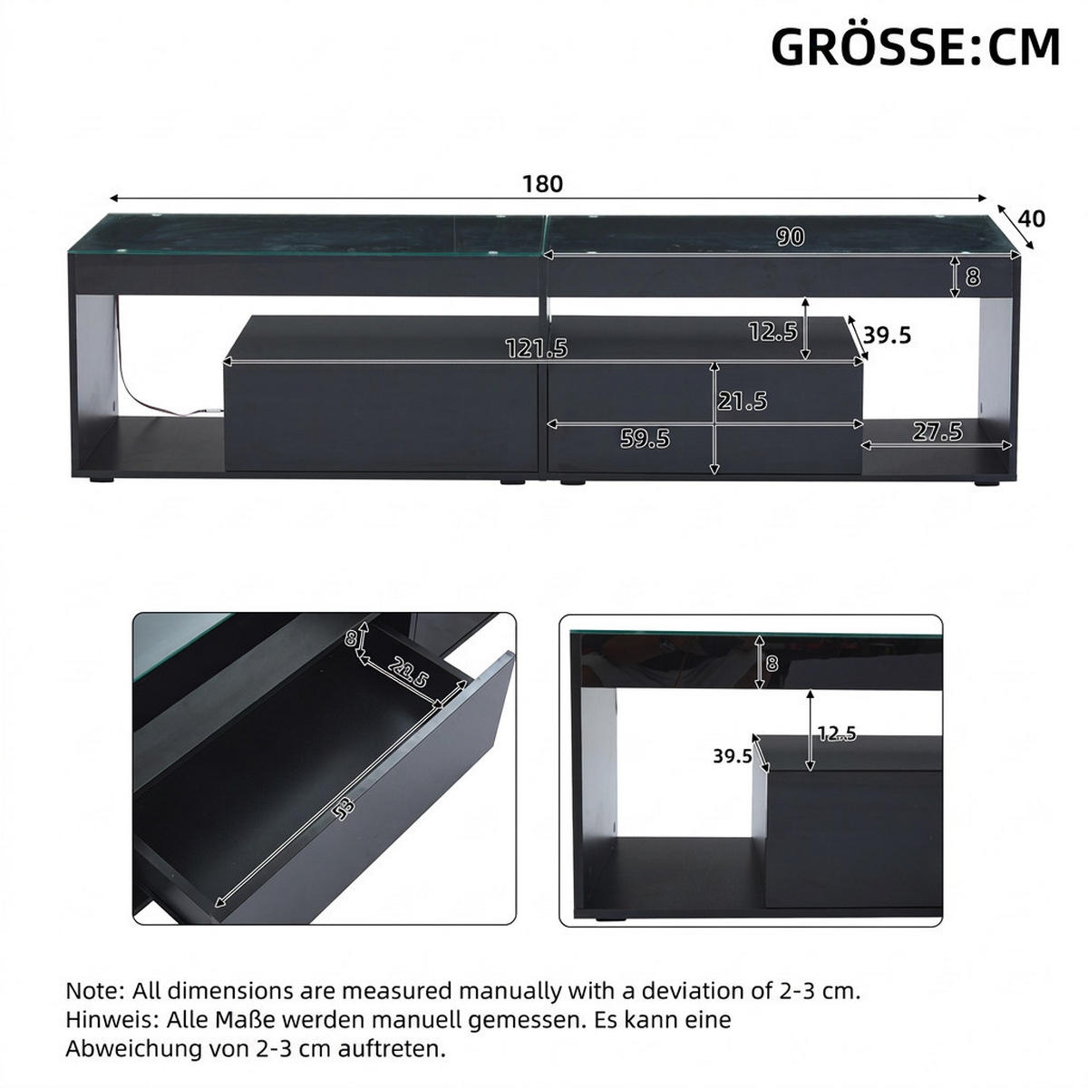 TV-SCHRANK 180/40/46 cm Schwarz Hochglanz mit LED und 2 Schubladen - Schwarz, Holzwerkstoff (180/46/40cm) - Oxeza