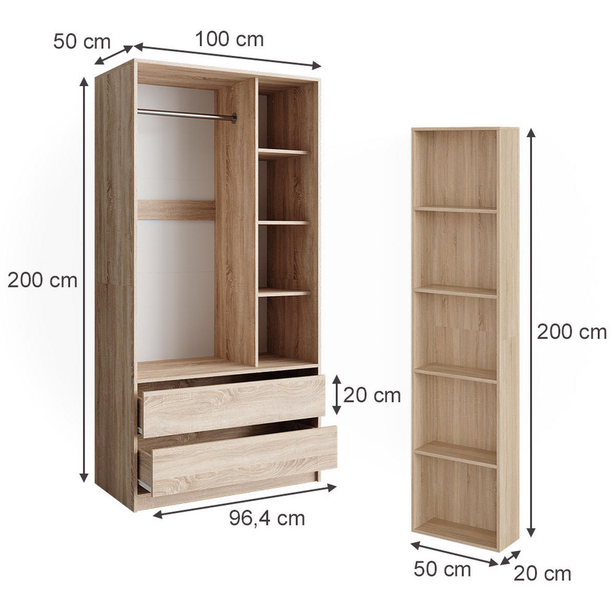 ŠATNÍKOVÁ SKRIŇA Elmo Sonoma 50 x 200 cm Sada 2 ks - dub sonoma, kompozitné drevo (50/200/20cm) - Vicco