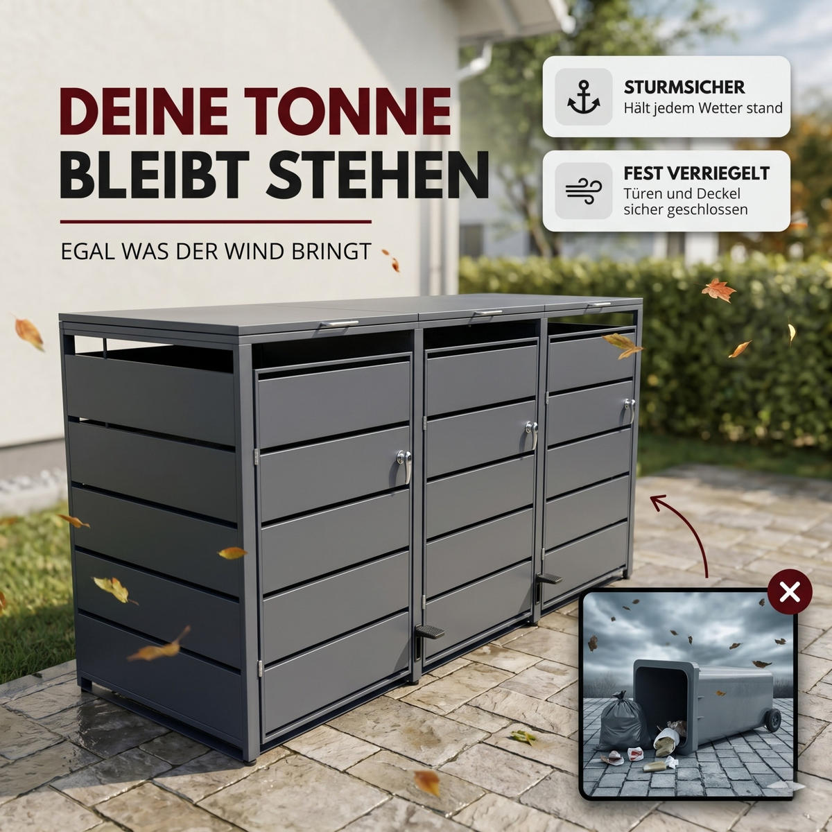 MÜLLTONNENBOX mit Pedal 3er, MTL3 - Anthrazit, Metall (216/116/80cm) - Albatros