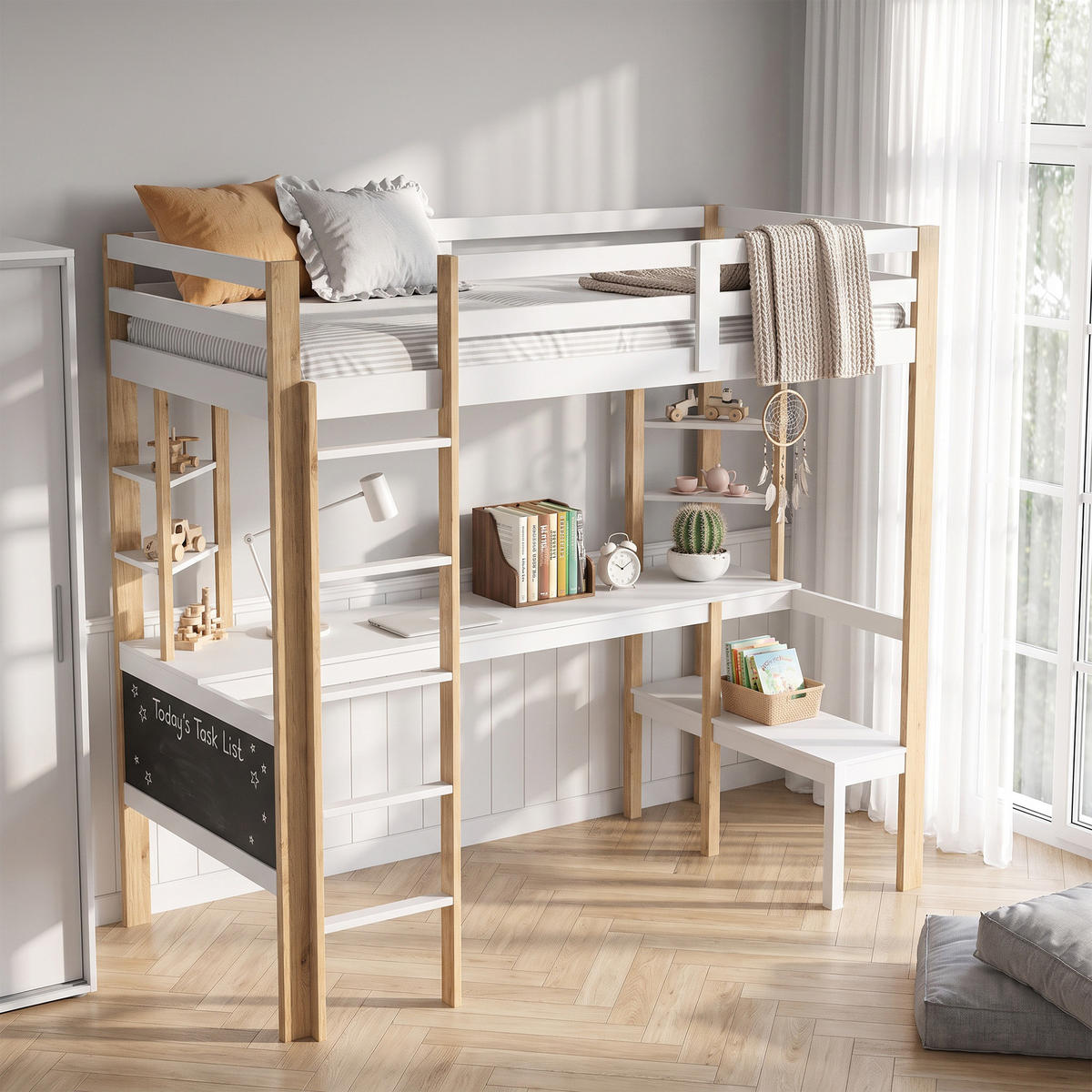 HOCHBETT 90/200 cm aus holz mit schreibtisch und ttreppe, sicherheitsgeländer - Weiß, Holz (90/200cm) - GENKI LIVING