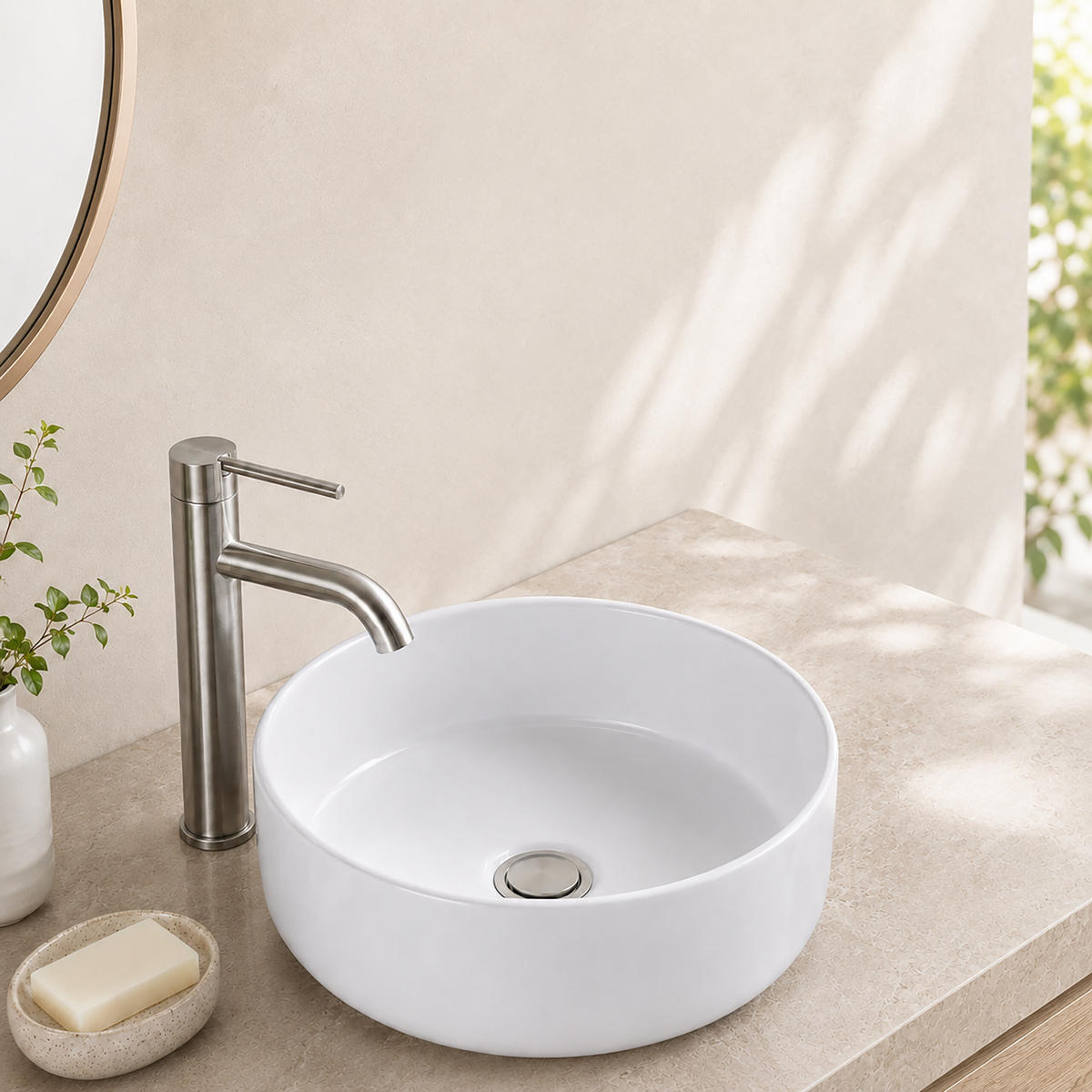LAVOAR Alb ceramică pe blat rotund fără orificiu pentru baterie 40,5x40,5 cm - alb, ceramică (40.5/16/40.5cm) - Relaxdays