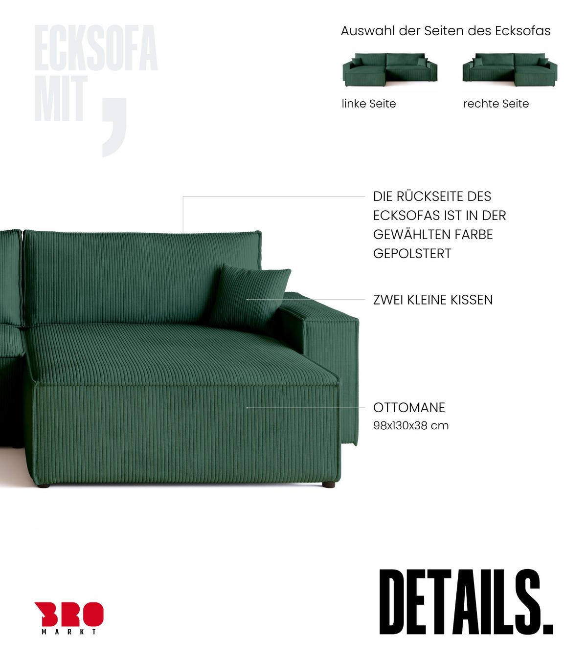 ECKSOFA ADI XL mit Schlaffunktion Dunkelgrün Cord - Dunkelgrün, Textil (272/143cm) - Bromarkt