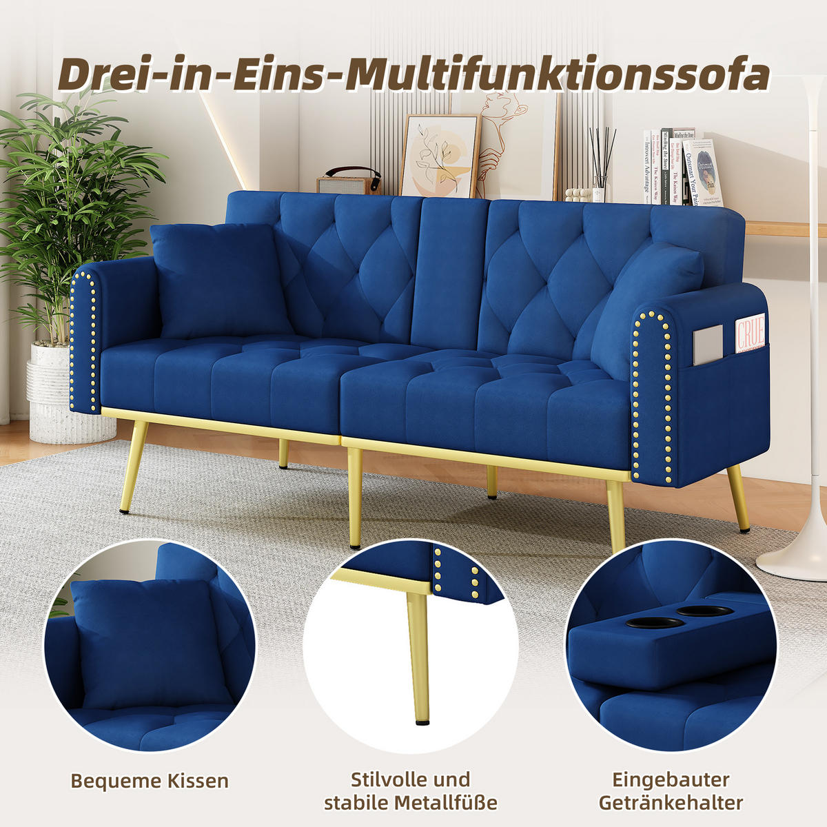 SCHLAFSOFA 175/80/73.5 cm Blau mit drei verstellbaren Neigungswinkeln und Getränkehalter - Blau, Textil (175/73.5/80cm) - Oxeza