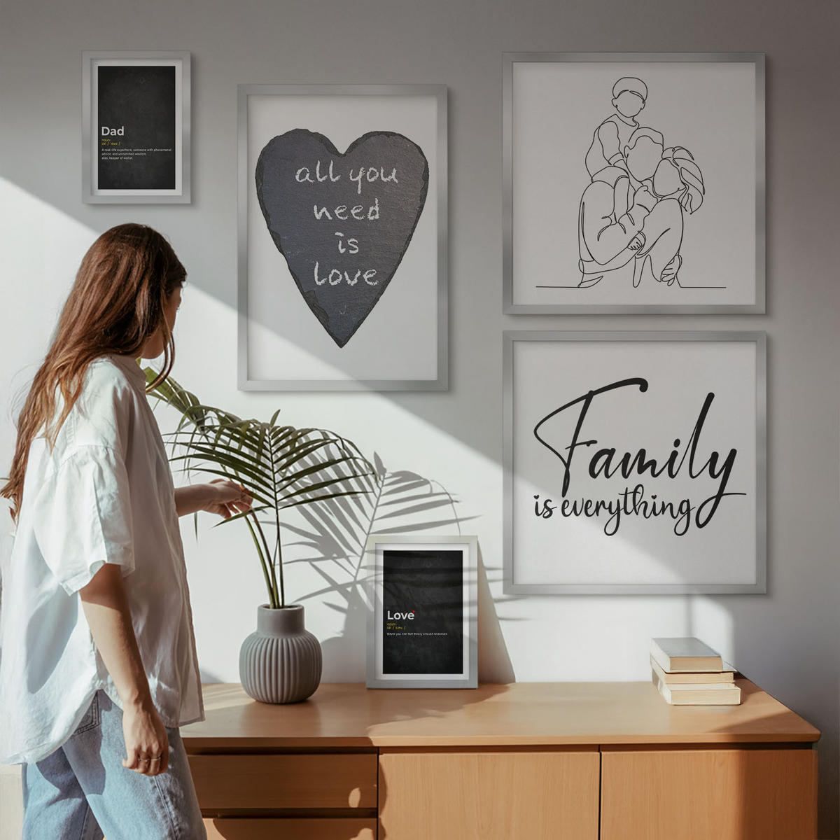 BILDER SET 5er Set - 50x50 cm & 20x30 cm & 40x60 cm Silberner Rahmen - Definitionen der Liebe in Familienzeichnungen - Silberfarben, Kunststoff (40/60cm) - TULUP