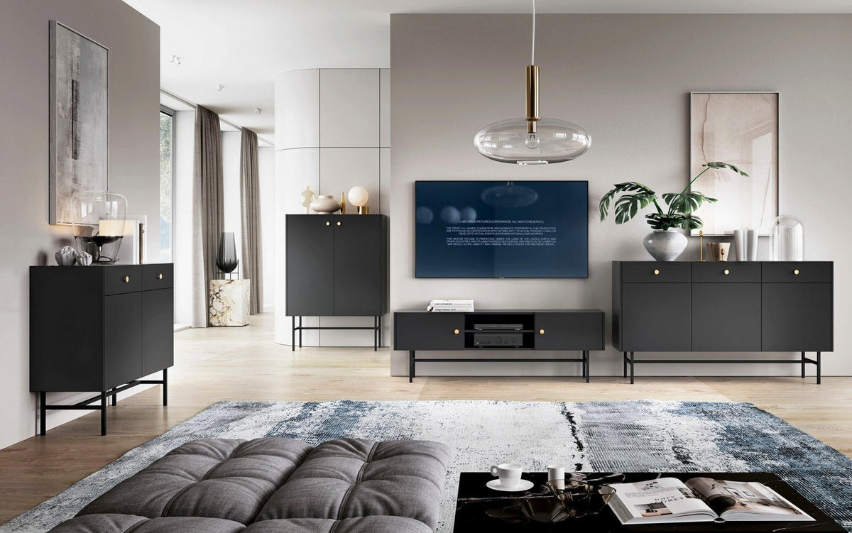 HIGHBOARD Divenos Schwarz 93 cm - Goldfarben/Schwarz, Holzwerkstoff/Metall (93.2/131.7/39cm) - Selsey