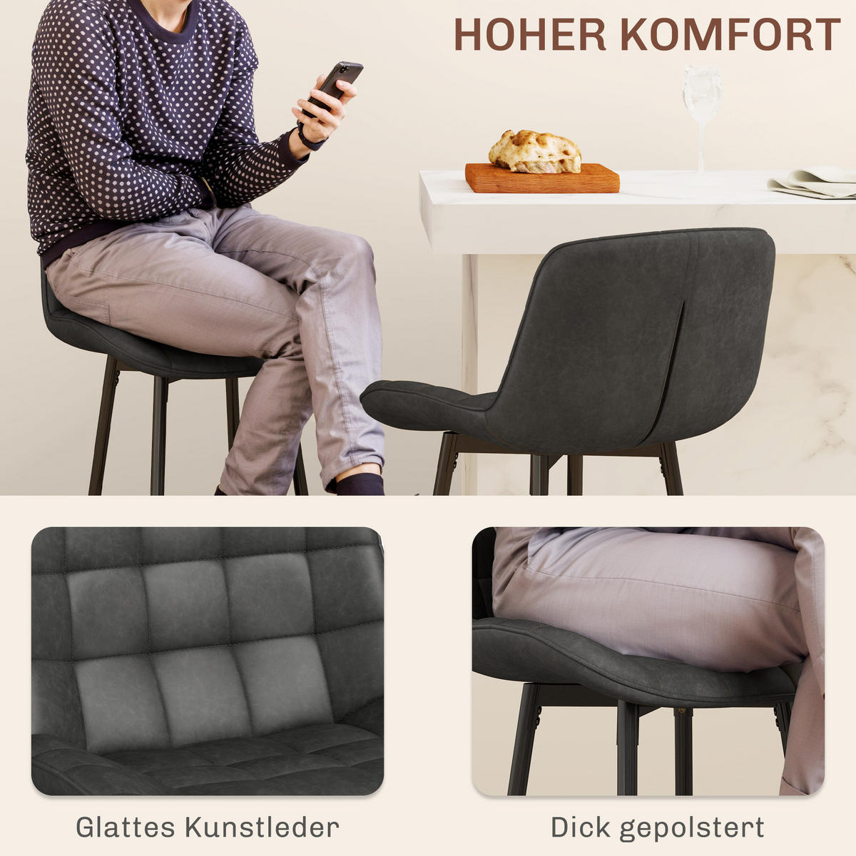 2ER-SET Barhocker, Bistrohocker mit Fußstütze, Drehbar Barstuhl, Dunkelgrau - Dunkelgrau/Schwarz, Kunststoff/Metall (48/98/48.5cm) - HOMCOM