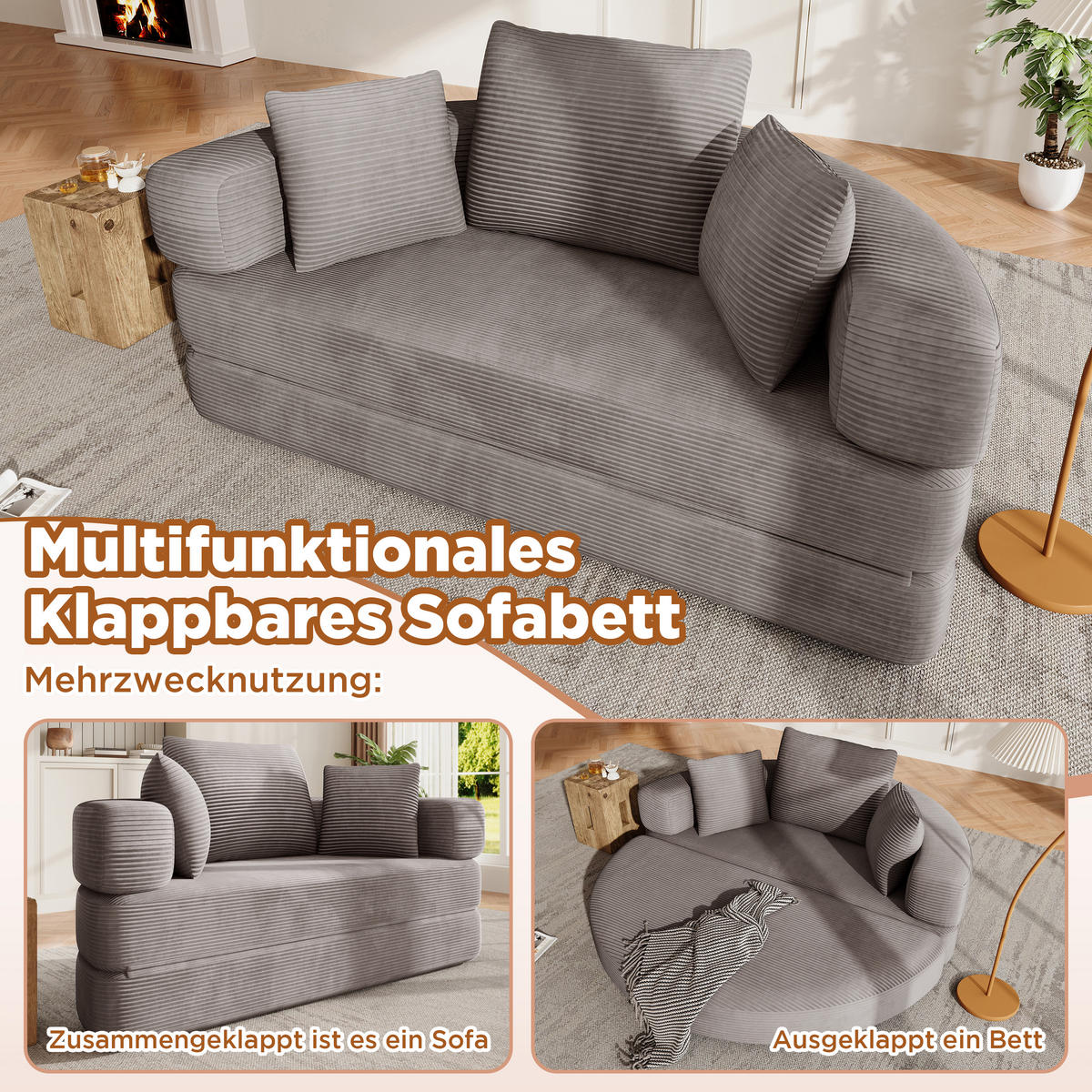 SCHLAFSOFA 173/88/60 cm Braungrau mit 3 Kissen - Graubraun, Textil (176/40/173cm) - Oxeza