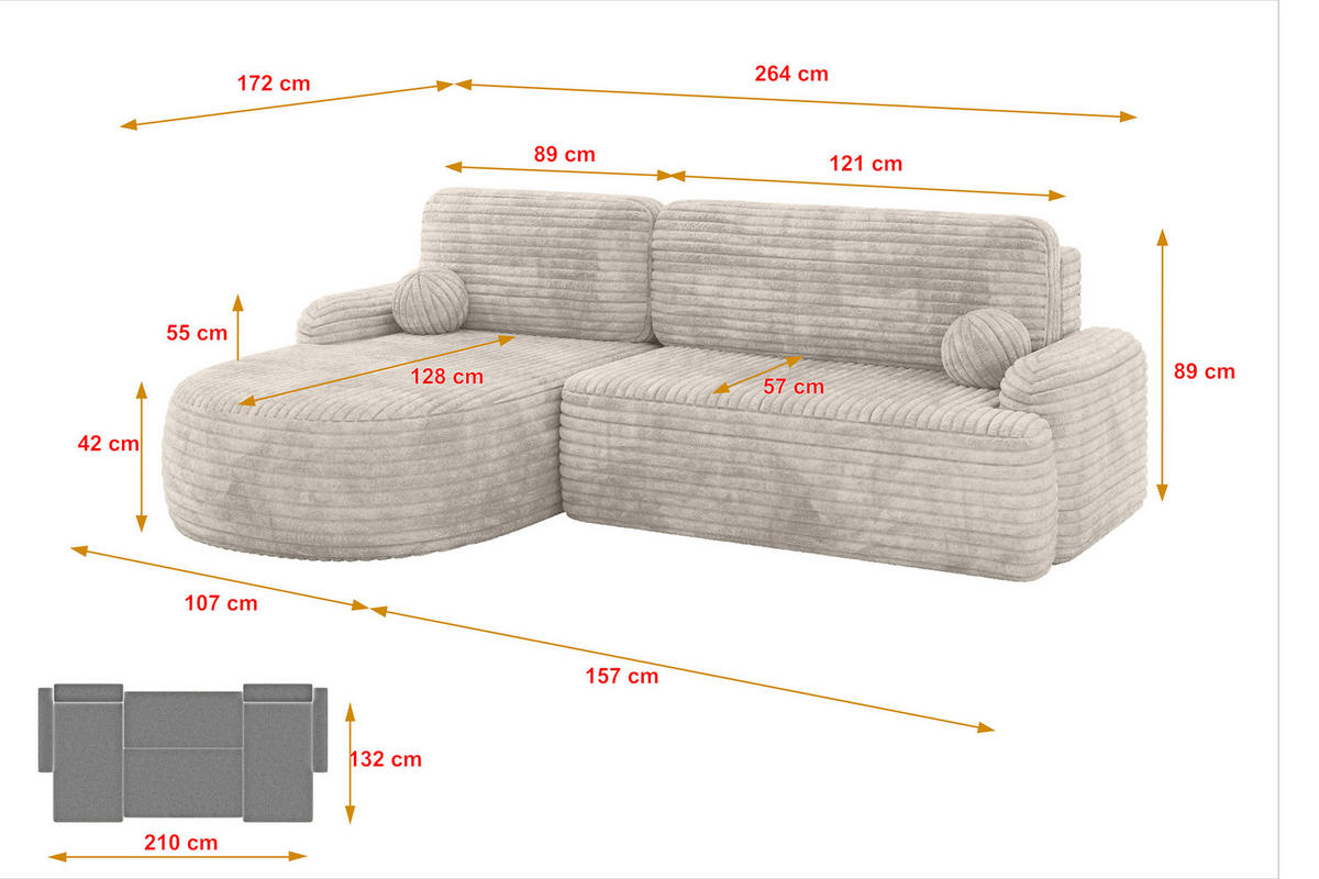 ECKSOFA mit Schlaffunktion und Bettkasten LIRA-L - 264x172x89 Creme - Creme, Holzwerkstoff/Textil (264/172cm) - ALTDECOR