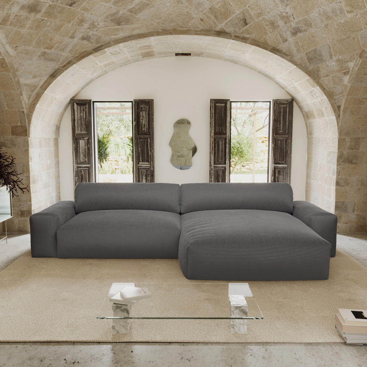 ECKSOFA RECHTS Gerippter Samt Anthrazitgrau 310cm - Dunkelgrau/Anthrazit, Textil (310/174cm) - Sia Home
