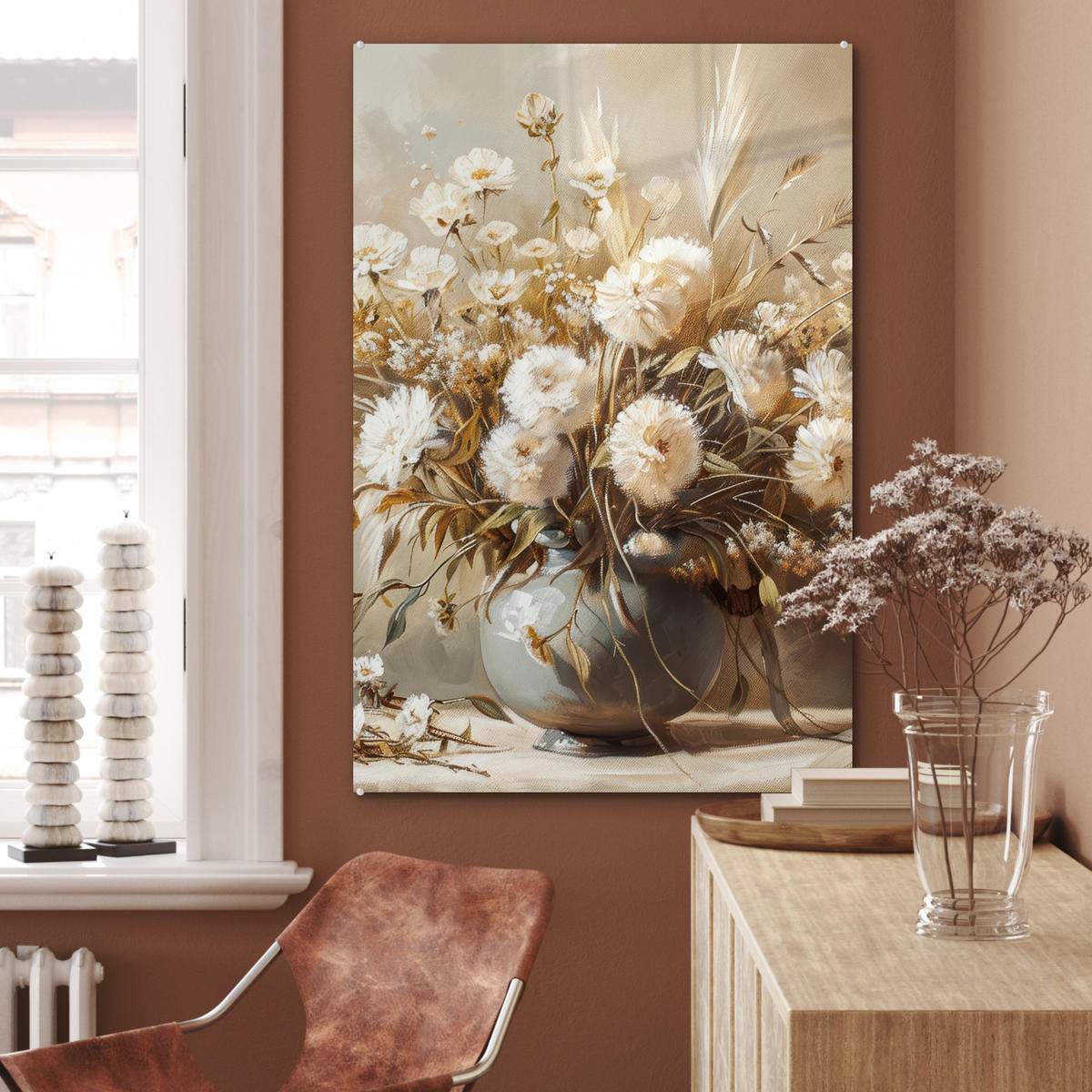 ACRYLGLASBILD Blumen - Vase - Stilleben - Beige 60x90 cm - Creme, Glas (60/90cm) - MuchoWow