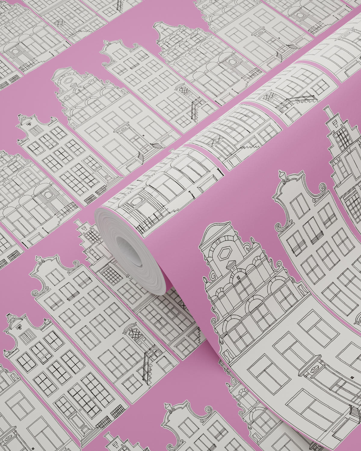 TAPETE Amsterdamer Grachtenhäuser 53 cm x 10.05 m - Pink, Papier (53/0.1cm) - ESTAhome