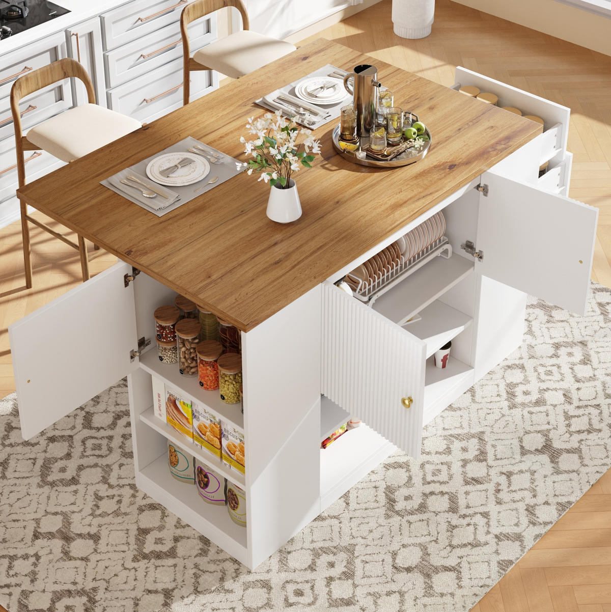 KÜCHENINSEL aus MDF mit klappbarer Tischplatte & Stauraum, 140/40/90 cm, Weiß - Weiß, Holzwerkstoff (40/90/140cm) - Redom