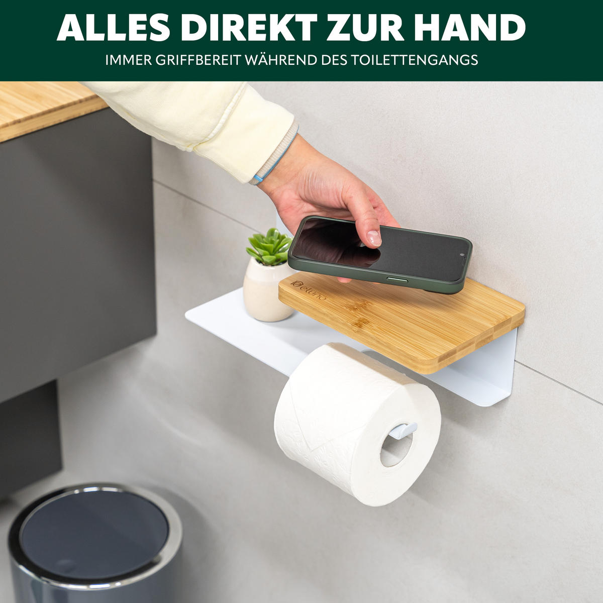 TOILETTENPAPIERHALTER VARAZ mit 2 Ablagen, Metall und Bambus - Weiß, Metall (31.5/9.5/13cm) - eluno