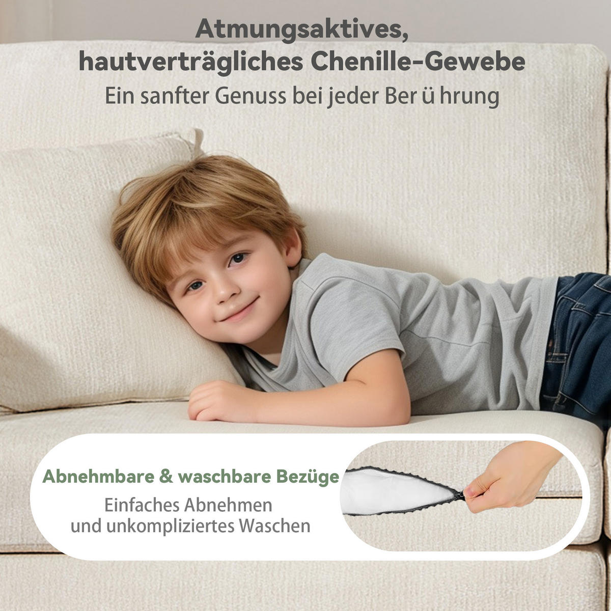 2-SITZER SOFA Chenille Beige mit USB, Kissen, Getränkehalter und Tasche - Beige, Textil (220/89/100cm) - WISHDOR