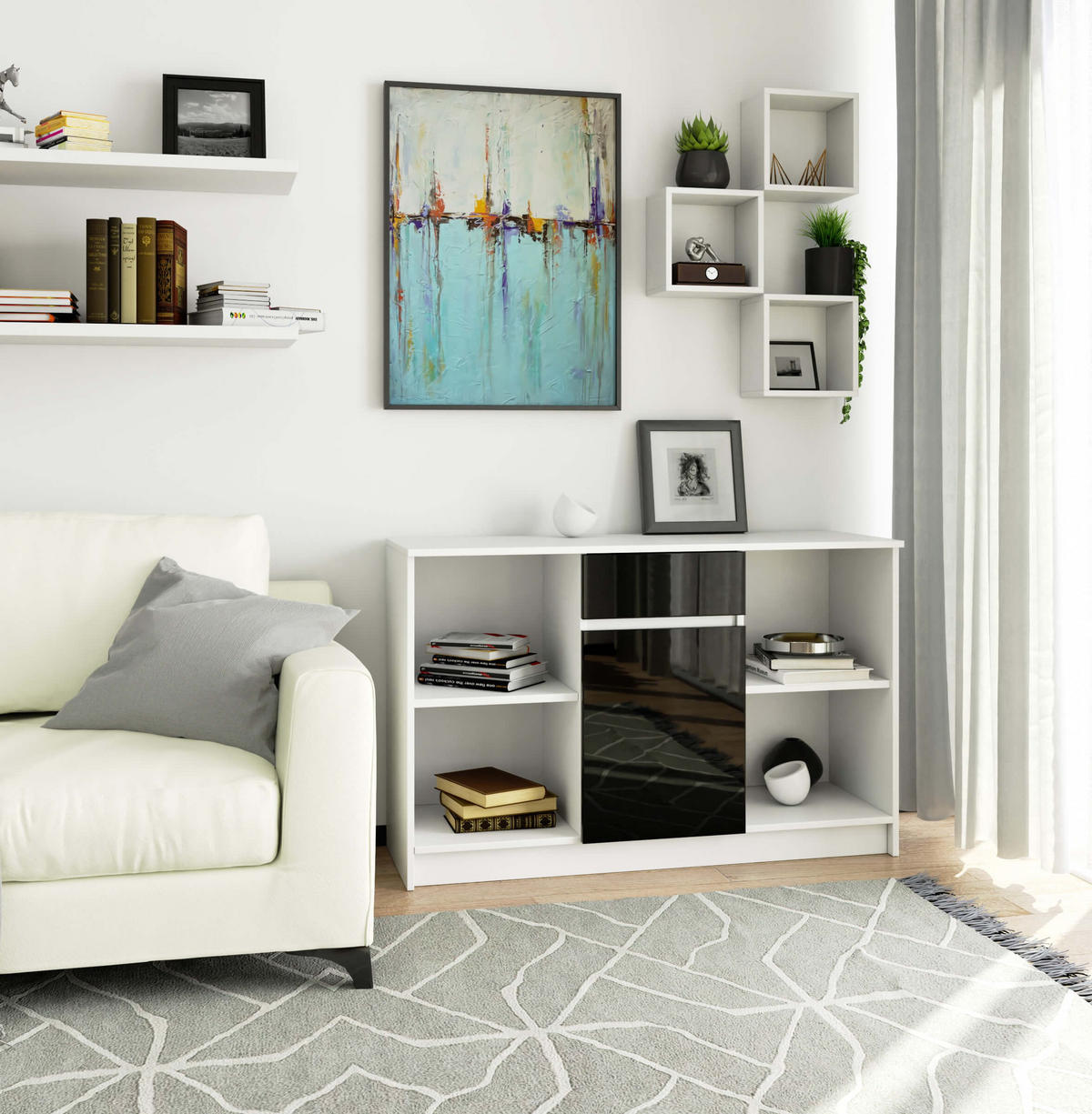 KOMMODE Weiß, Schwarz Glanz 77/120/40 - Weiß, Holzwerkstoff (120/77/40cm) - RAUMHIRSCH FURNITURE