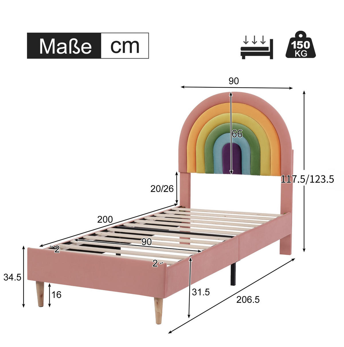 POLSTERBETT 90/200 cm mit Lattenrost, höhenverstellbarem Kopfteil und Regenbogen-Design aus Samt, Pink - Rosa, Textil (90/200cm) - Redom