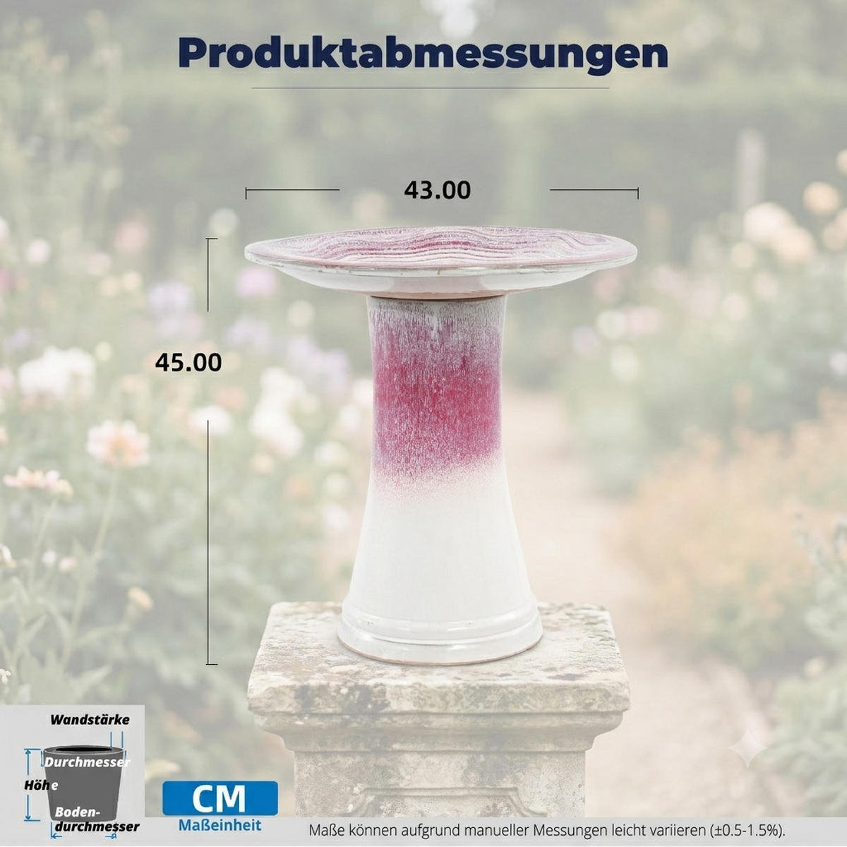 VOGELBAD mit Standfuß, Keramik Ø43/45H cm, Wetterfest, Rosa-Weiß - Pink, Keramik (43/45/43cm) - LVHOM