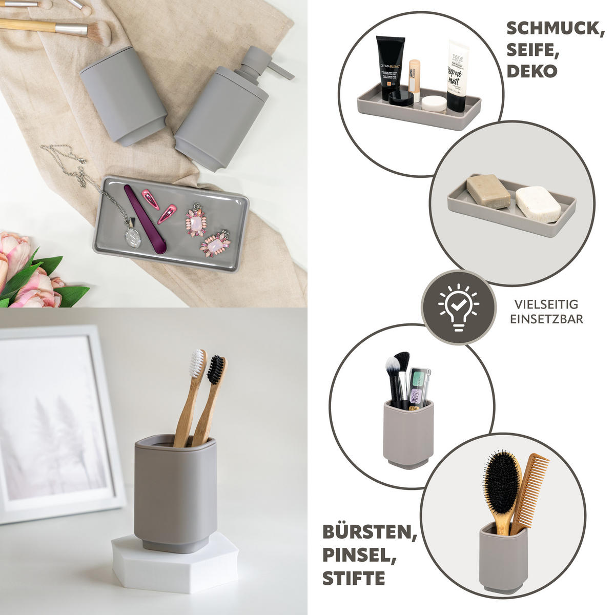 BAD-ACCESSOIRES-SET VALONA, Soft-Touch, taupe - Taupe, Kunststoff (18/2.5/9.5cm) - eluno