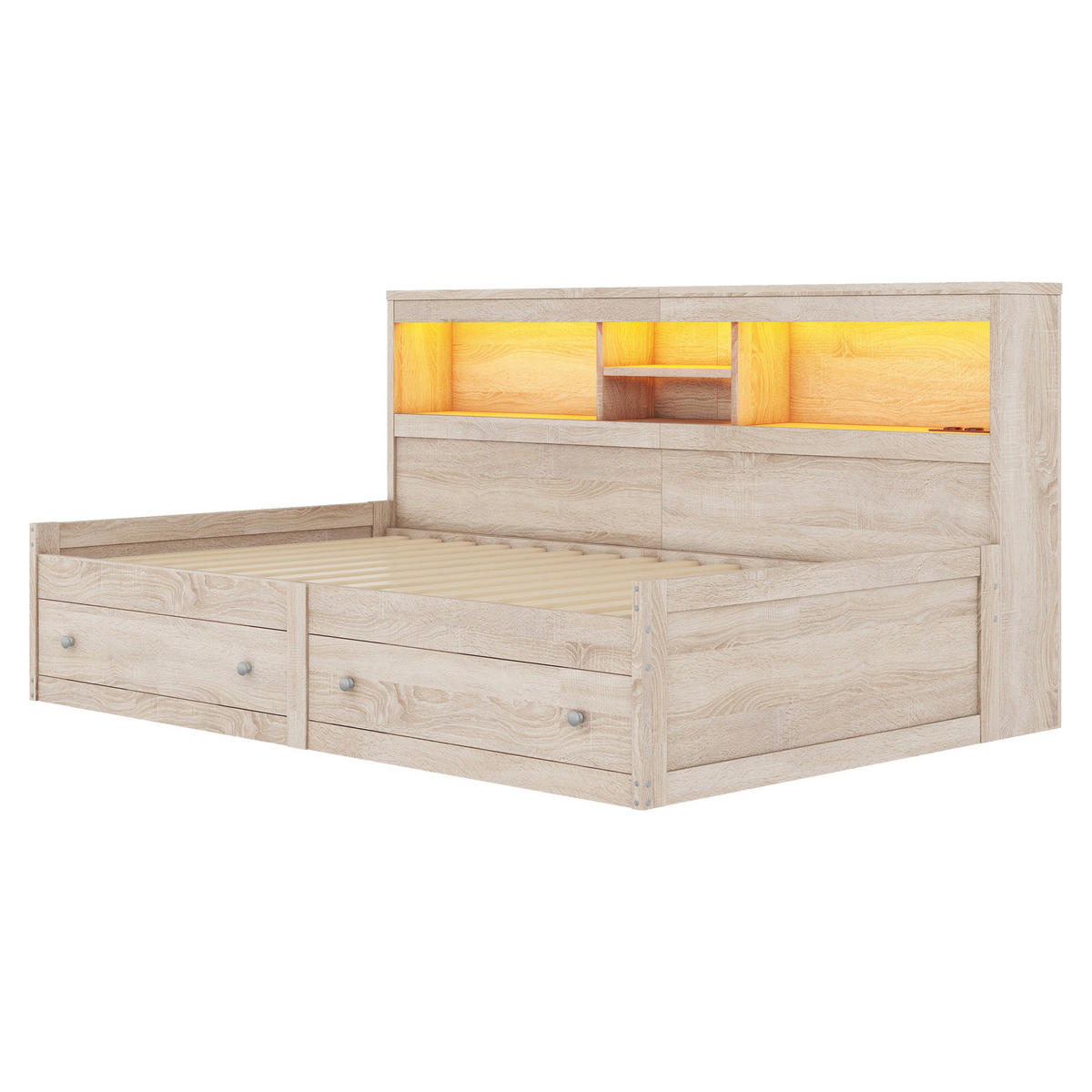 MULTIFUNKTIONSBETT 90/200 cm natur mit LED-Beleuchtung und USB-Anschlüssen - Naturfarben, Holzwerkstoff (90/200cm) - OKWISH