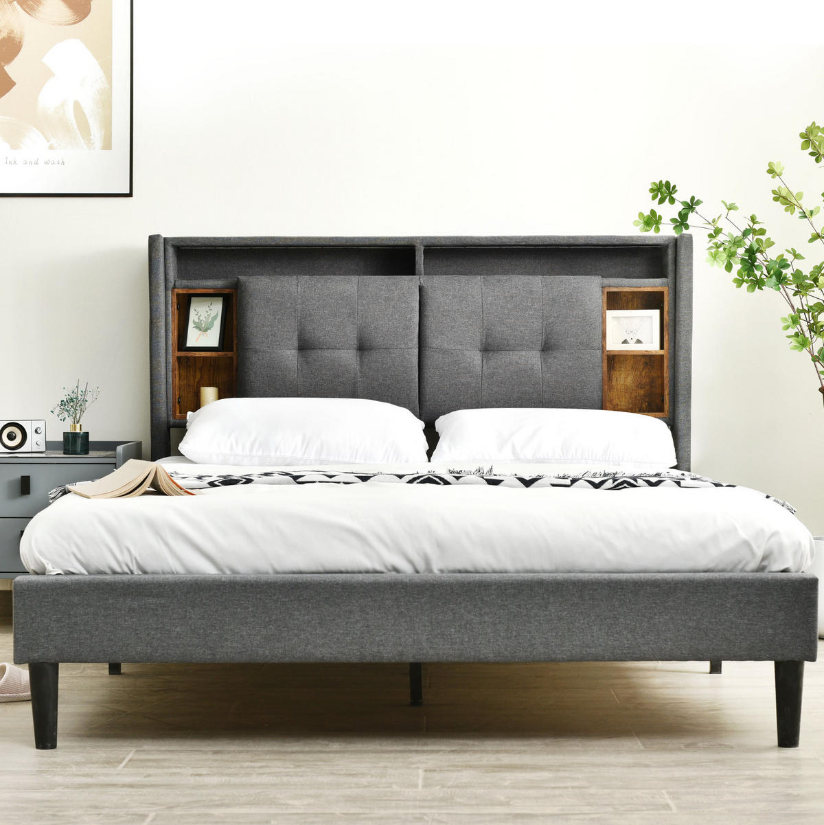 POLSTERBETT 140/200 cm Grau mit Stauraum-Kopfteil, USB-Anschlüssen und LED-Beleuchtung Mit Matratze - Grau, Holz (140/200cm) - OKWISH