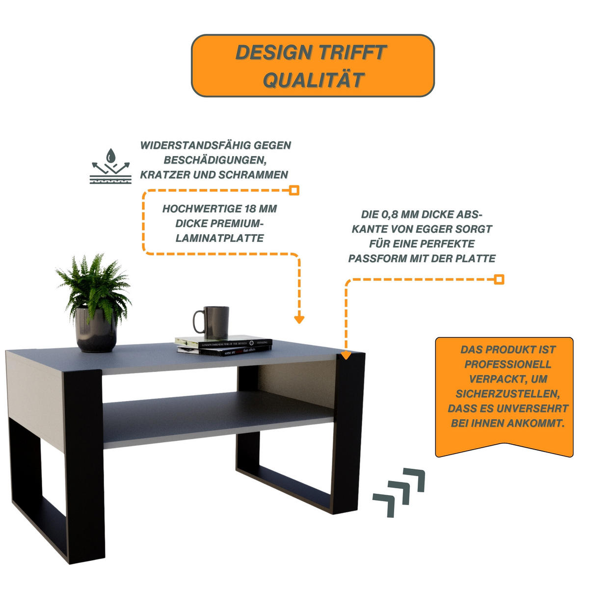 COUCHTISCH Holzwerkstoff rechteckig stabil Dunkelgrau 45/53,6/92cm - Dunkelgrau/Schwarz, Holzwerkstoff (53.6/92/45cm) - CraftPAK