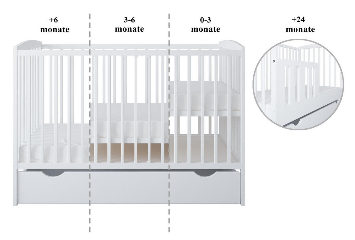 BABYBETT Elva 2in1 mit Matratze und Schublade - Weiß, Holz - kiki design