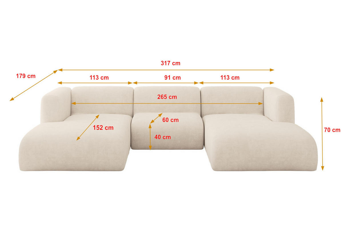 WOHNLANDSCHAFT MIRA-U1 317x179x70 Beige Velours - Greige/Beige, Holzwerkstoff/Kunststoff (317/70/179cm) - ALTDECOR