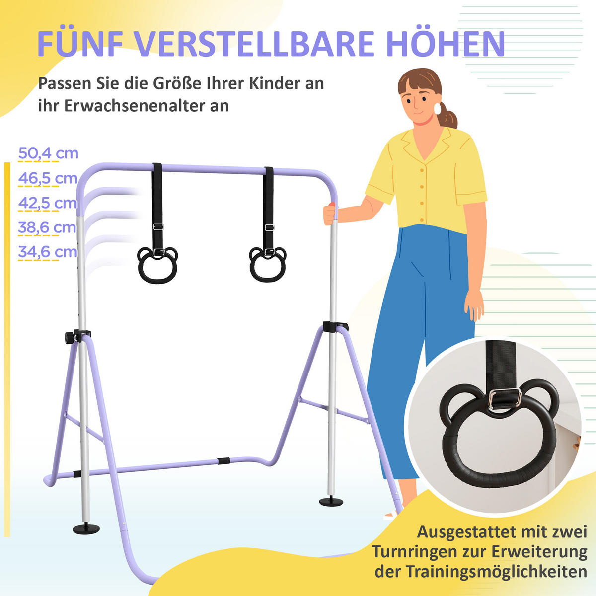 KINDER-TURNBARREN DE-10928 mit Ringen höhenverstellbar klappbar Pink - Violett, Metall (105/148cm) - ComfortXL