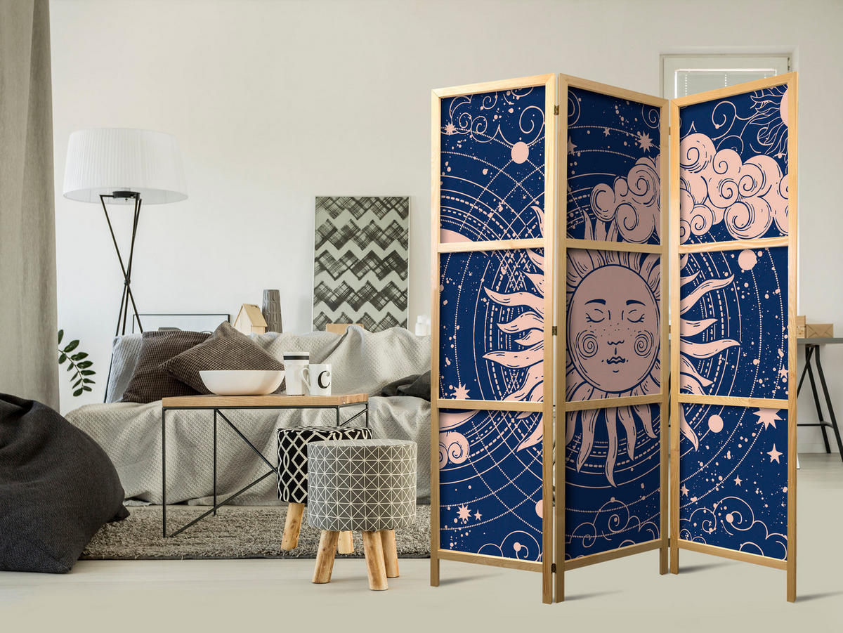 PARAVENT Japanischer 3-tlg 135x172 cm Sonne Und Wolken - Blau, Holz/Textil (135/172/3cm) - Muralo