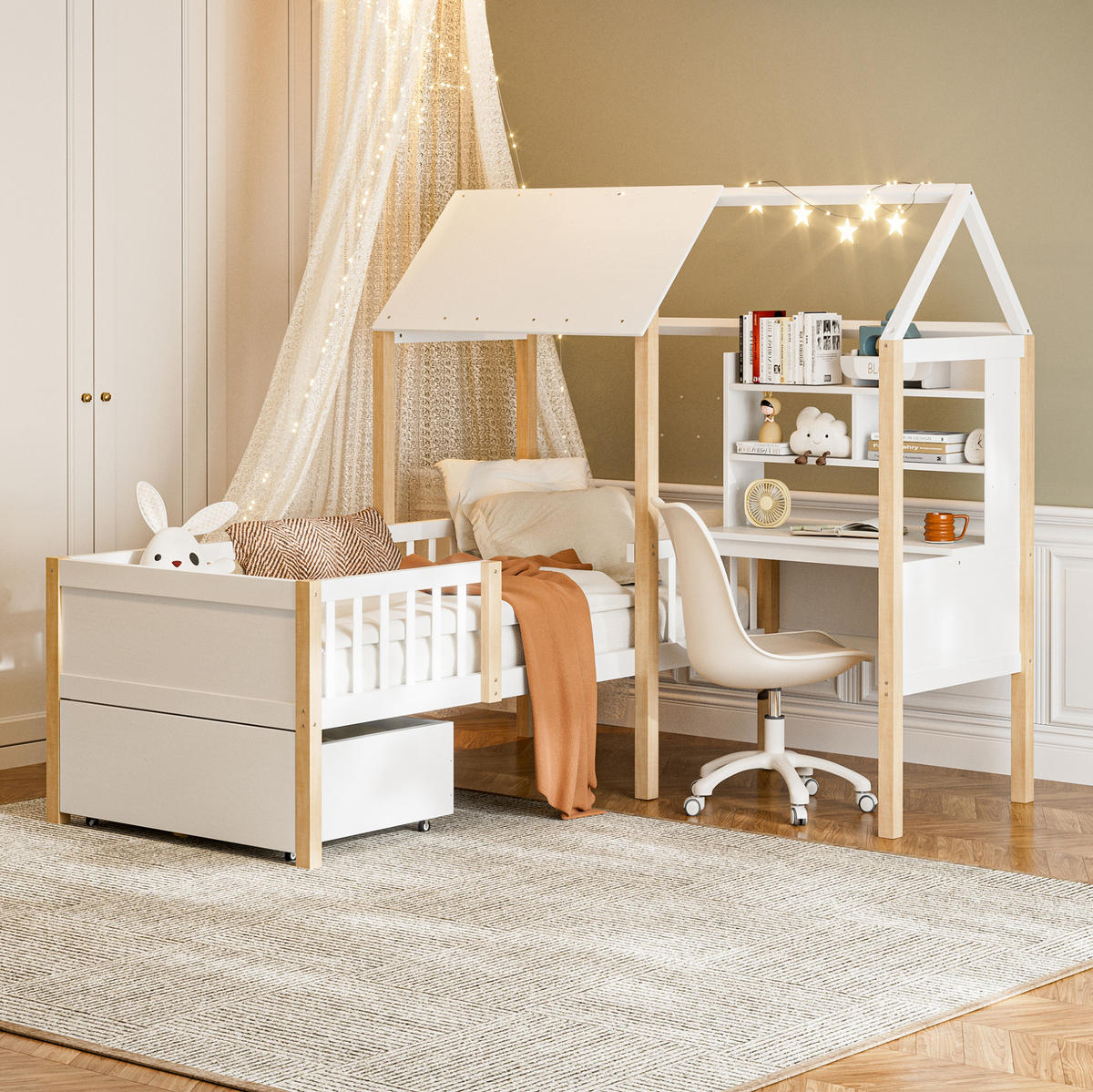 HAUSBETT 90/200 cm in Weiß mit Schreibtisch, Regal und Stauraum - Weiß, Holz (90/200cm) - Flora Grace