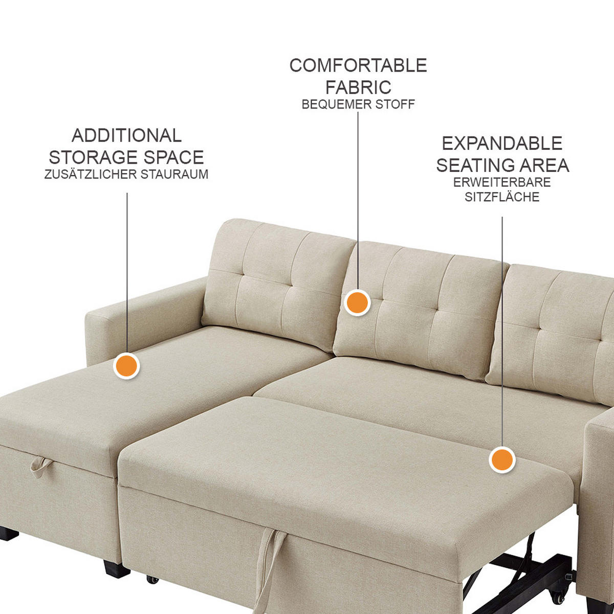 SOFA L-FORM Campina Beige 226 x 163 cm mit Schlaffunktion - Beige, Holz (226/163cm) - VitaliSpa