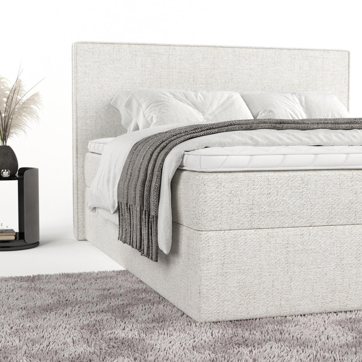 BOXBETT Nuvia 180/200 cm Creme im Neve Stoff - Creme/Schwarz, Holz/Holzwerkstoff (180/200cm) - AltaBeds