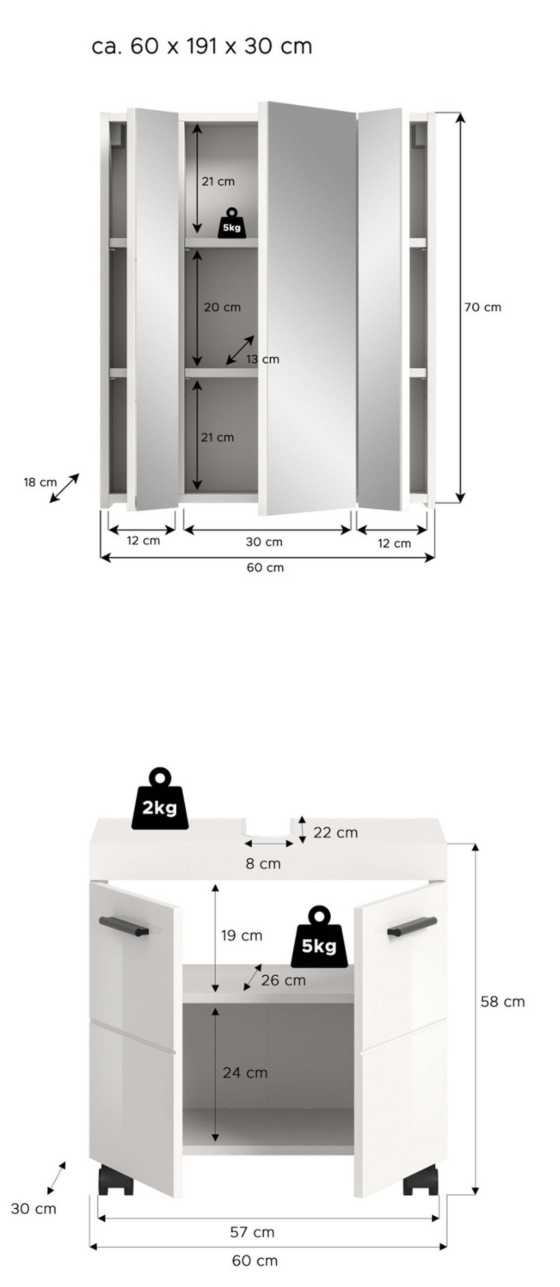 BADMÖBEL-SET weiß Hochglanz 2-teilig 60 cm, Badkombination auf Rollen - Weiß Hochglanz/Schwarz, Glas/Holzwerkstoff (60/191/30cm) - Inn.Furn