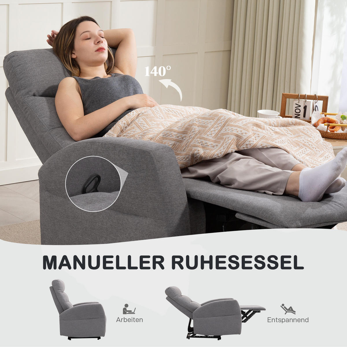 RELAXSESSEL, Fernsehsessel mit Liegefunktion, Dunkelgrau - Dunkelgrau, Kunststoff (93/103/76cm) - HOMCOM