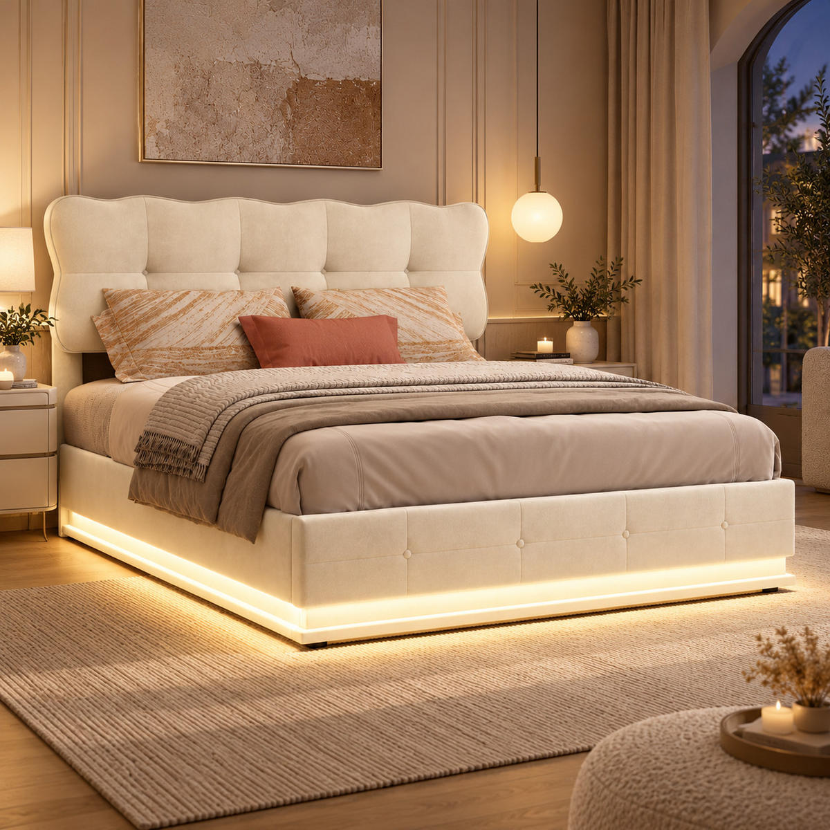 POLSTERBETT 140/190 cm mit LED-Beleuchtung - Beige, Holz/Metall (140/190cm) - Joyfair