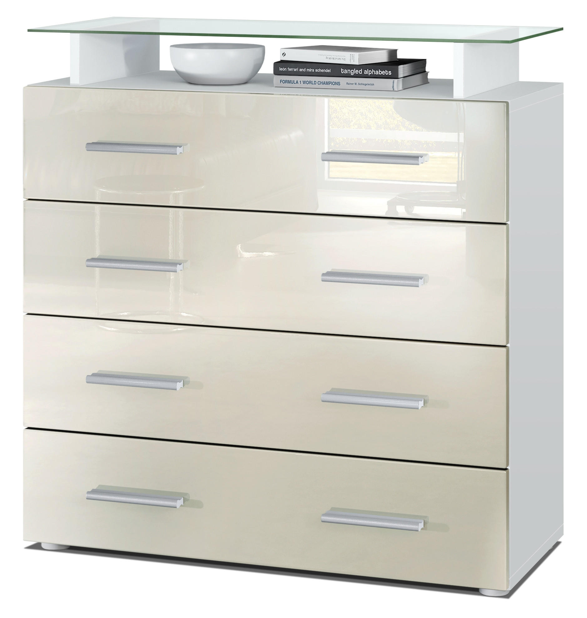 KOMMODE Pavos Creme Hochglanz - Creme, Holzwerkstoff (76/81/35cm) - Vladon