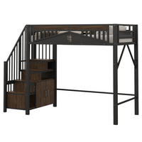 HOCHBETT aus Metall und Holz 90x200 cm Schwarz mit Stauraumtreppe, Schrank und Sicherheitszaun mit Fenster - Schwarz, Metall (90/200cm) - Modfu