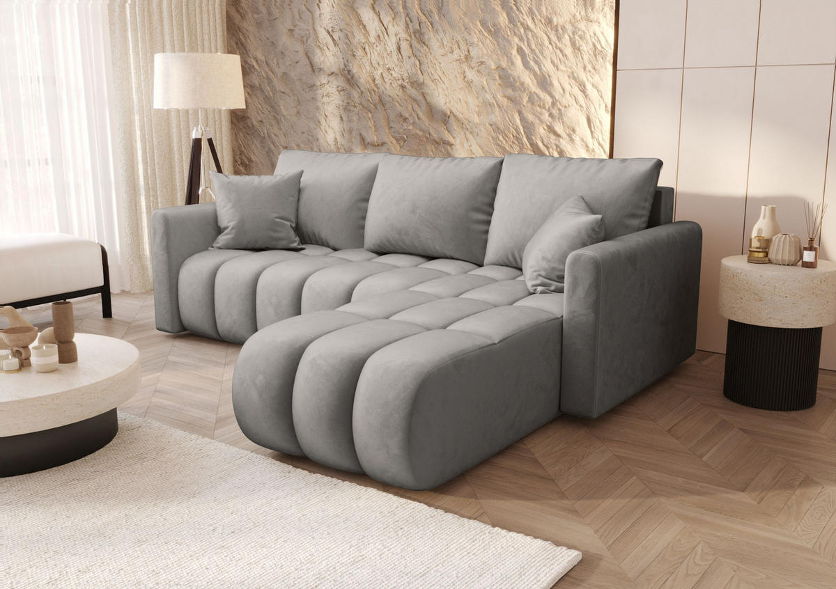 ROHOVÁ pohovka GARDA pravá světle šedá samet Monolith 84 - funkce spaní, úložný prostor - světle šedá, textil (230/149cm) - Cornero