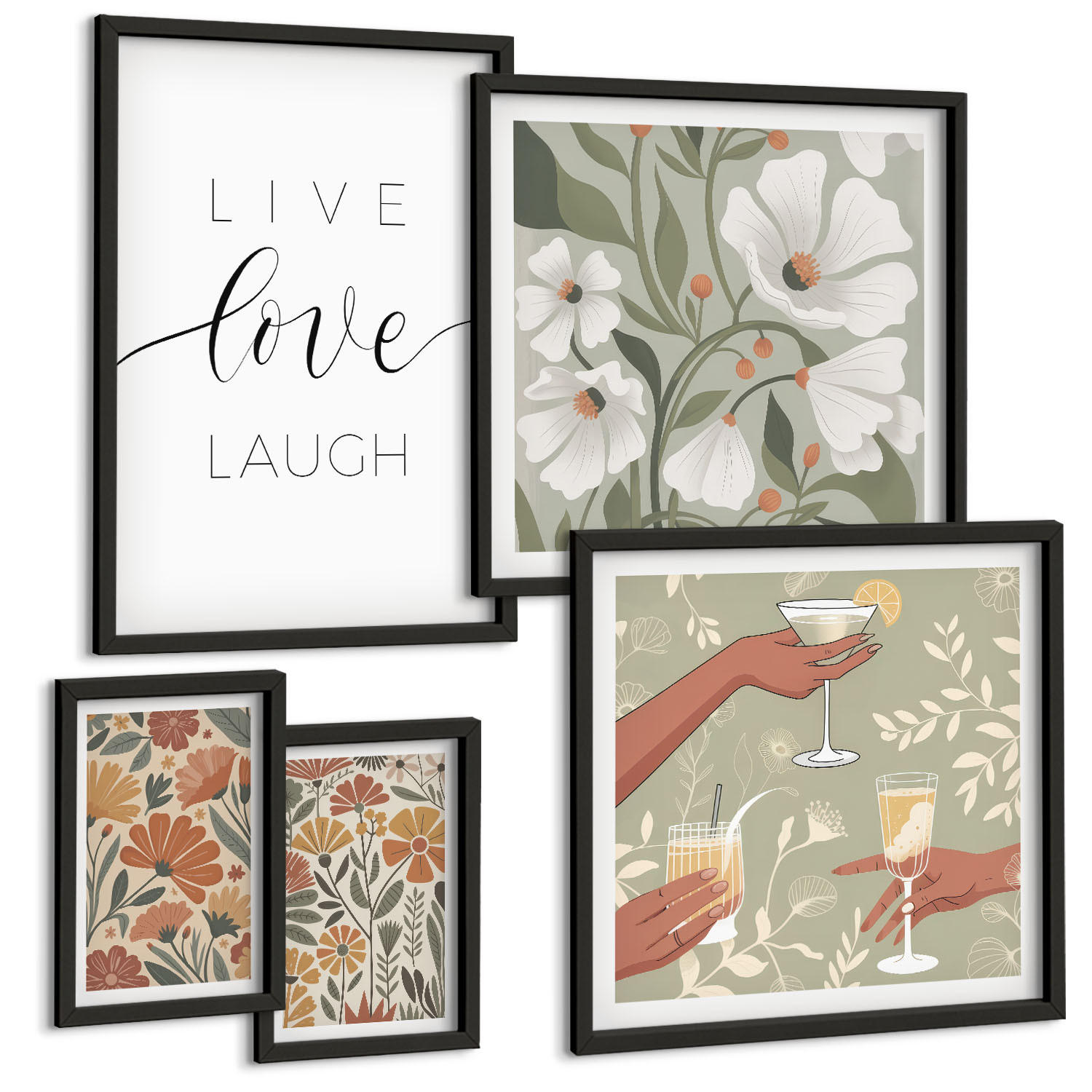 BILDER SET 5er Set - 50x50 cm & 20x30 cm & 40x60 cm Schwarzer Rahmen - Boho-Pflanzenmuster - Schwarz, Kunststoff (40/60cm) - TULUP