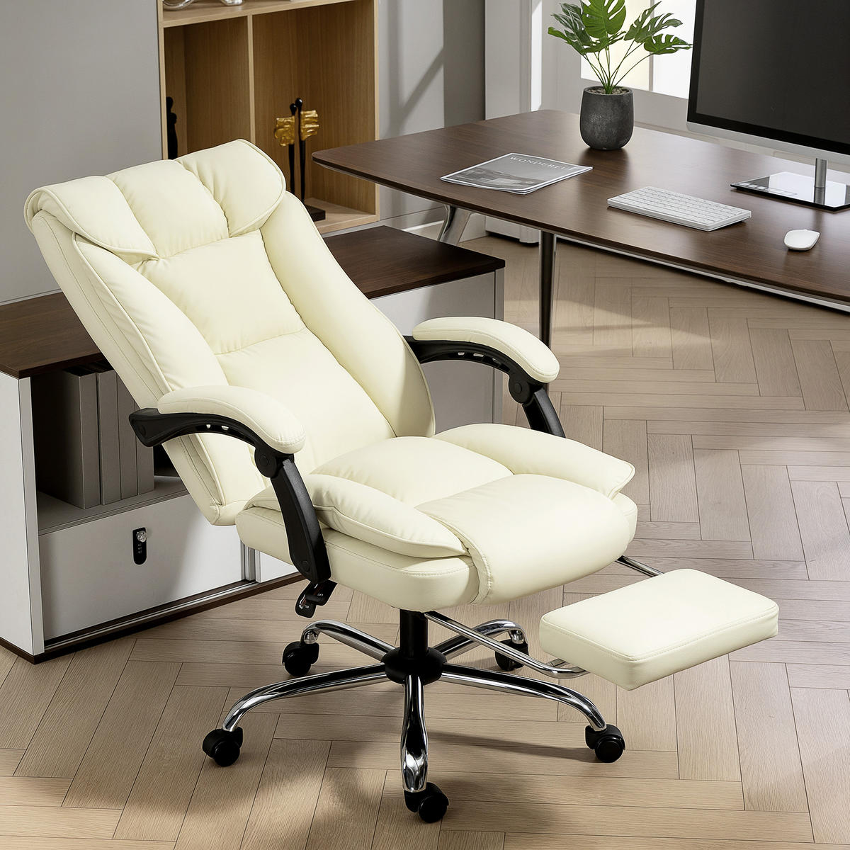BÜROSTUHL Ergonomischer Schreibtischstuhl mit Verstellbar Rückenlehne Beige - Beige/Silberfarben, Kunststoff/Textil (66/121/72cm) - HOMCOM