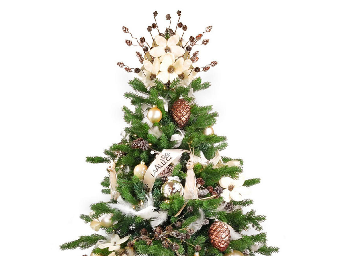 WEIHNACHTSBAUM geschmückt künstlich mit 136 Stk Kugeln ELEGANZ DER NATUR 270 cm mit Metallständer - Creme/Braun, Kunststoff (270cm) - LAALU