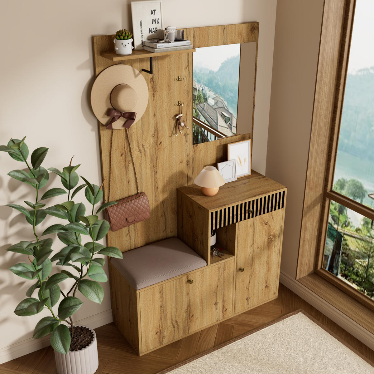 GARDEROBENSET 110/37/185,5 cm aus MDF mit Spiegel und gepolsterter Sitzfläche Schwarz/Naturfarben - Schwarz, Holzwerkstoff (110/185.5/37cm) - Modenvie