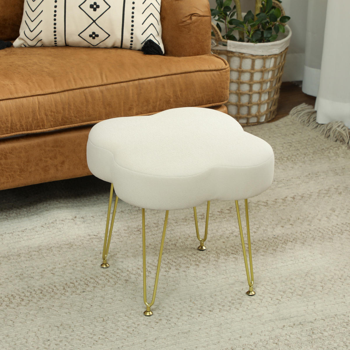 HOCKER Sitzhocker in Kleeblattform mit Stahlbeinen Fußhocker mit Samtoptik Creme - Weiß, Textil (41/40/41cm) - HOMCOM
